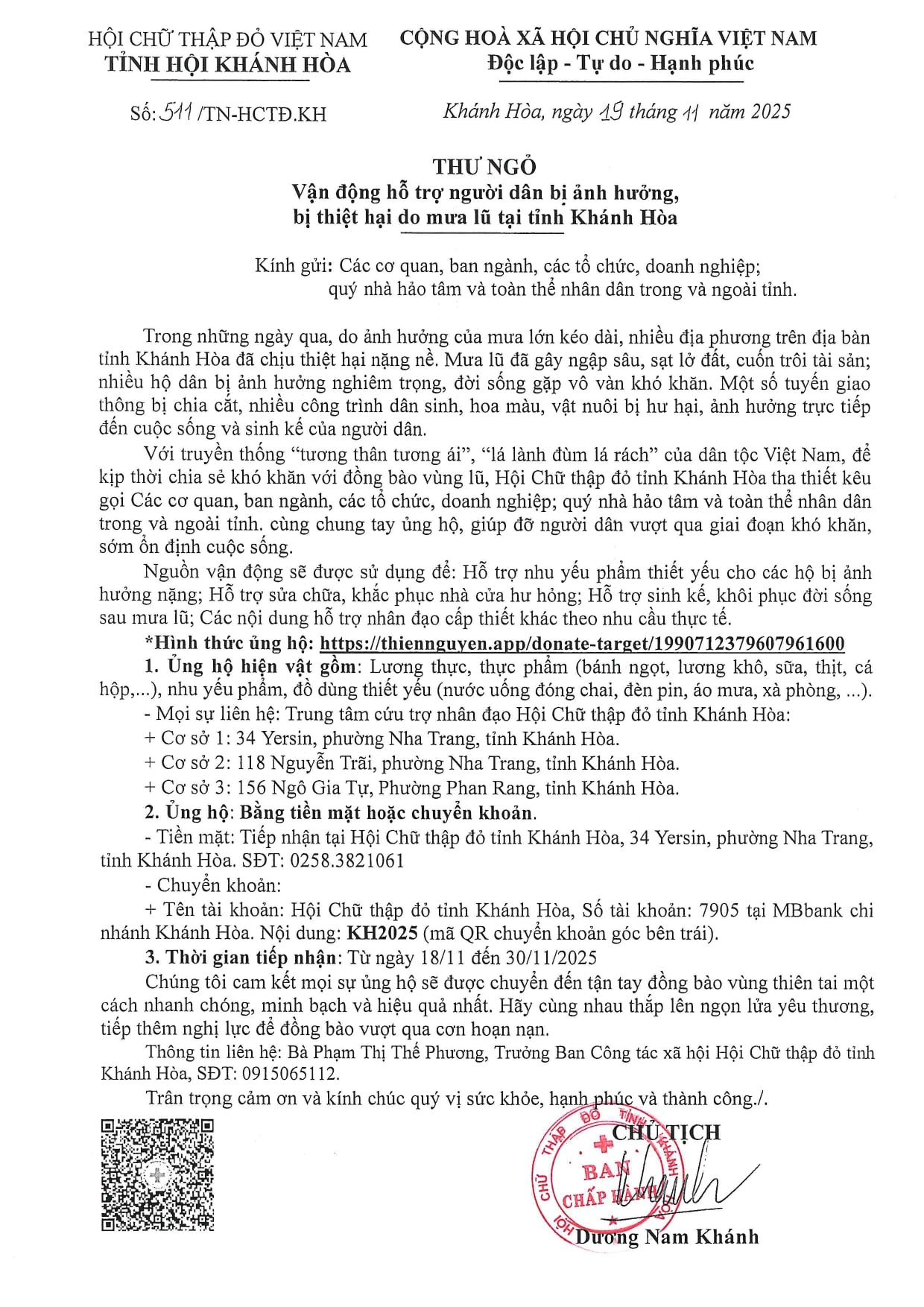 THƯ NGỎ Vận động hỗ trợ người dân bi ảnh hưởng,  bị thiệt hại do mưa lũ tại tỉnh Khánh Hòa